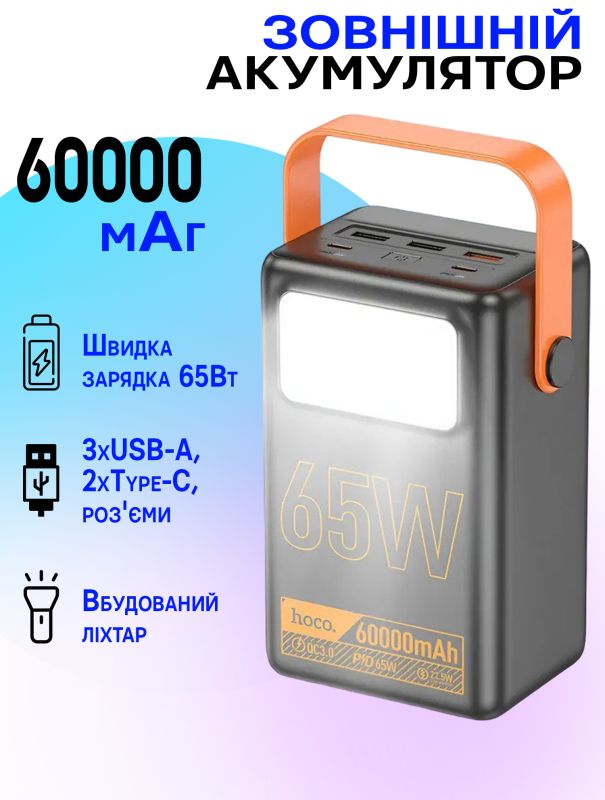 Hoco J110A 60000 mAh повербанк, power bankс 5 виходами, швидкої зарядки та потужним ліхтарем