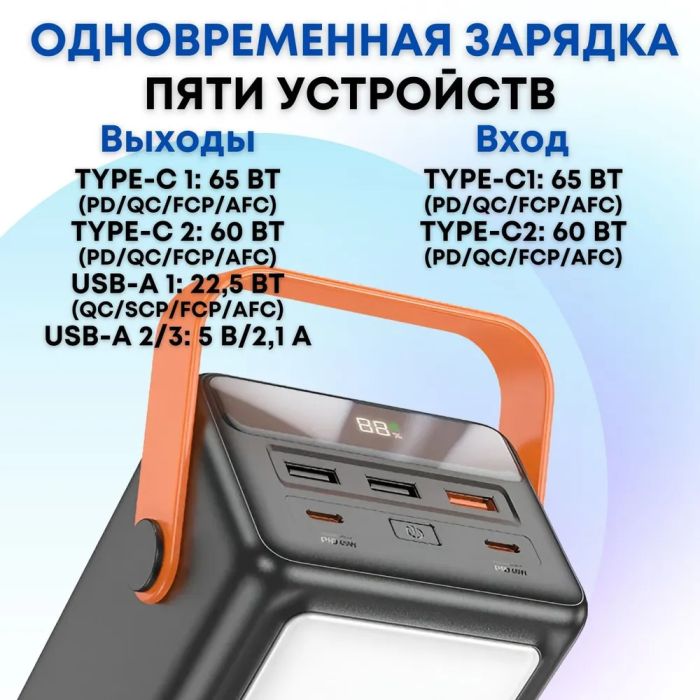Hoco J110A 60000 mAh повербанк, power bankс 5 виходами, швидкої зарядки та потужним ліхтарем
