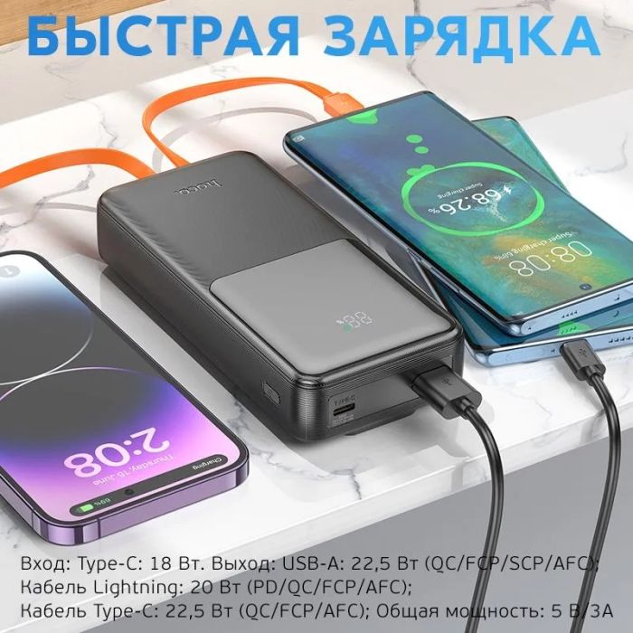 Hoco J119A-20000 mAh Швидка зарядка(З двома кабелями Lightning, Type-C та двома виходами USB , Type-C) Чорний
