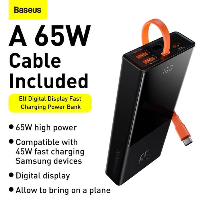 Baseus Elf Digital Display Fast Charging 20000 mAh |2USB/1Type-C+Type-C Cable, 5A/65W| (PPJL000001) чорний