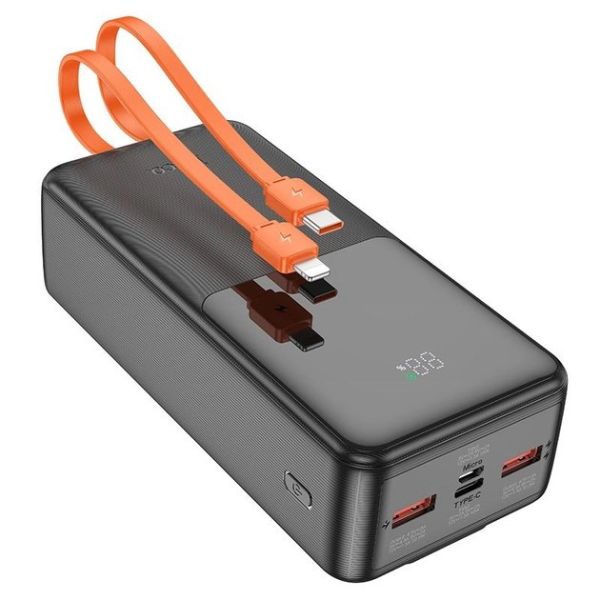 Акумулятор зовнішній Hoco J119B Sharp з 2 кабелями Type-C та Lightning (30000mAh) чорний