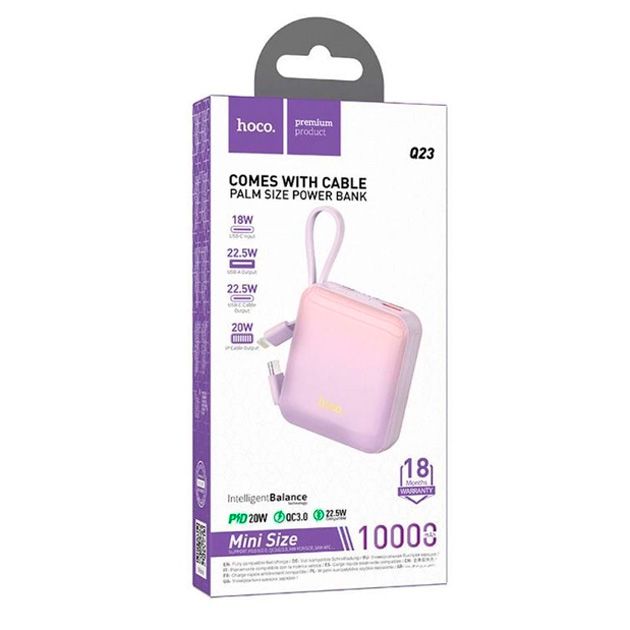 Hoco Q23 Blade 10000 mAh USBхType-C PD20W+QC3.0 + вбудований кабель швидкої зарядки Type-C/Lightning Фіолетовий