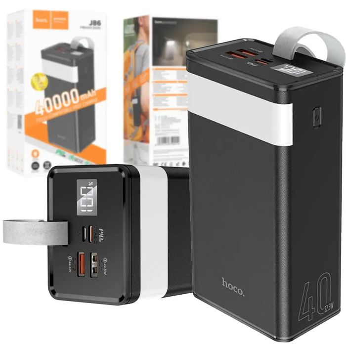 Hoco Powermaster fully compatible 40000 mAh J86 |2USB/1Type-C, PD/QC, 5A/22.5W| Black із ліхтариком і швидкою зарядкою (J86B)
