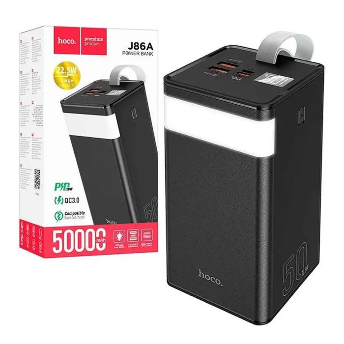 Hoco Powermaster fully compatible 50000 mAh J86A | 2USB/1Type-C, PD/QC, 5A/22.5W| Black із ліхтариком і швидкою зарядкою